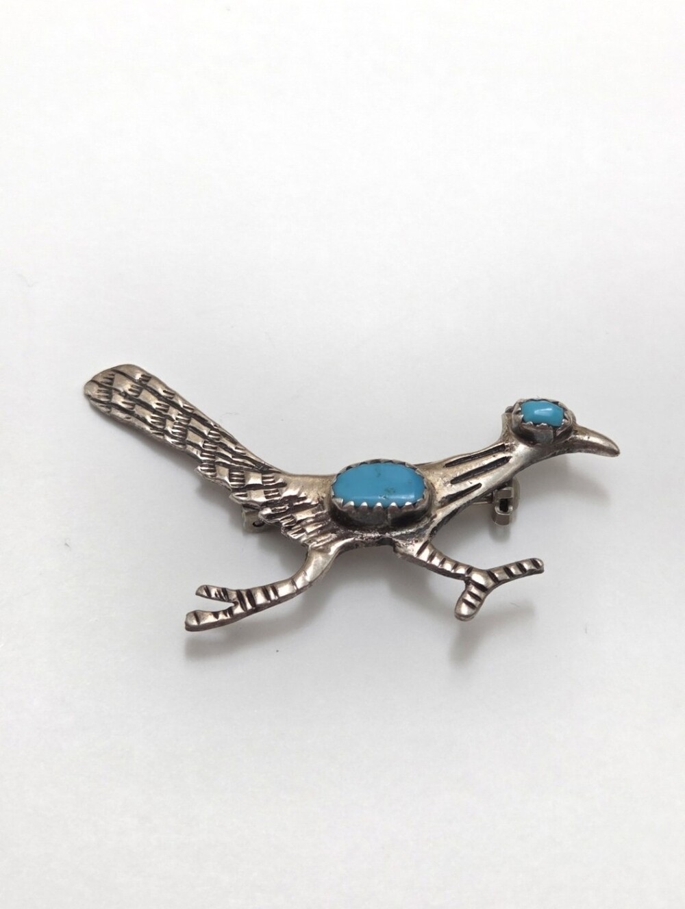Vintage Southwestern Sandcast Sterling Silver Turquoise Roadrunner Brooch Pin